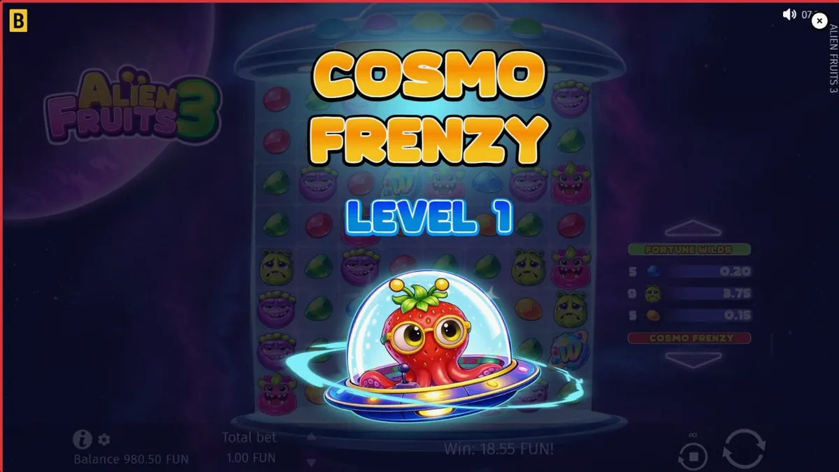 Tampilan visual grid 8x8 pada slot Alien Fruits 3 dengan tema neon luar angkasa